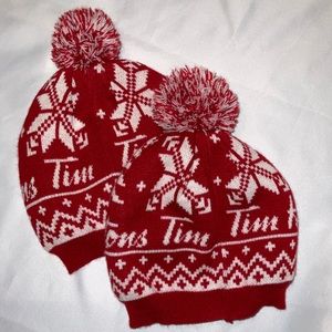Tim Hortons Cap Kids Size Hat Sherpa Lined Red & White Knit Winter Toque Pompom